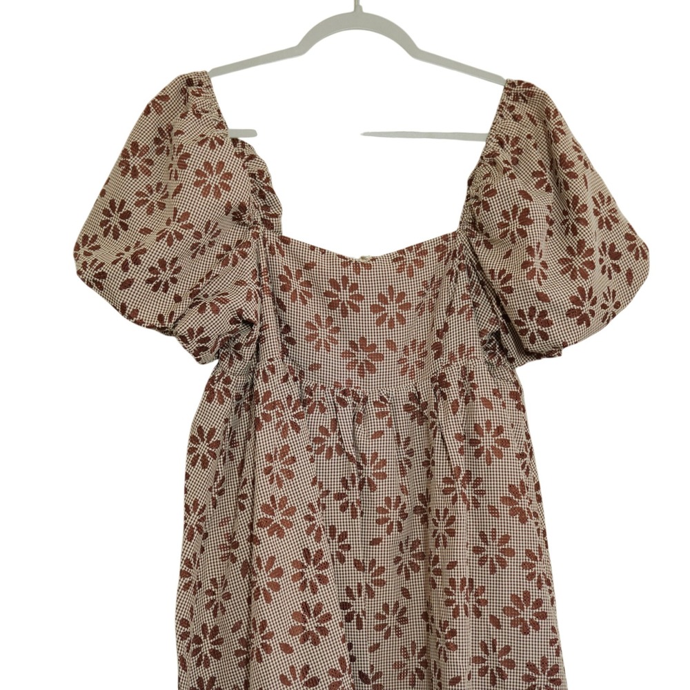 Storia Brown Gingham Floral Puff Sleeve Mini Dress Square Neck Smocked Cottage - Picture 2 of 8